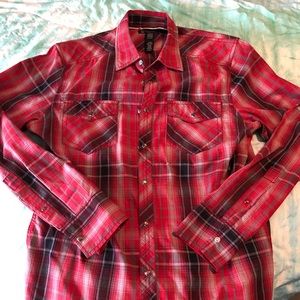 Red plaid INC snap button down long sleeve tee.